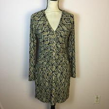 Michael Kors Sheath Dress Sz M Womans Black Beige Animal Print V-neck Button Up