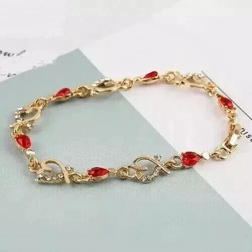Precioso brazalete tenis corazón rubí simulado pera de 6 quilates chapado en oro amarillo de 14 k Foto 3 de 4