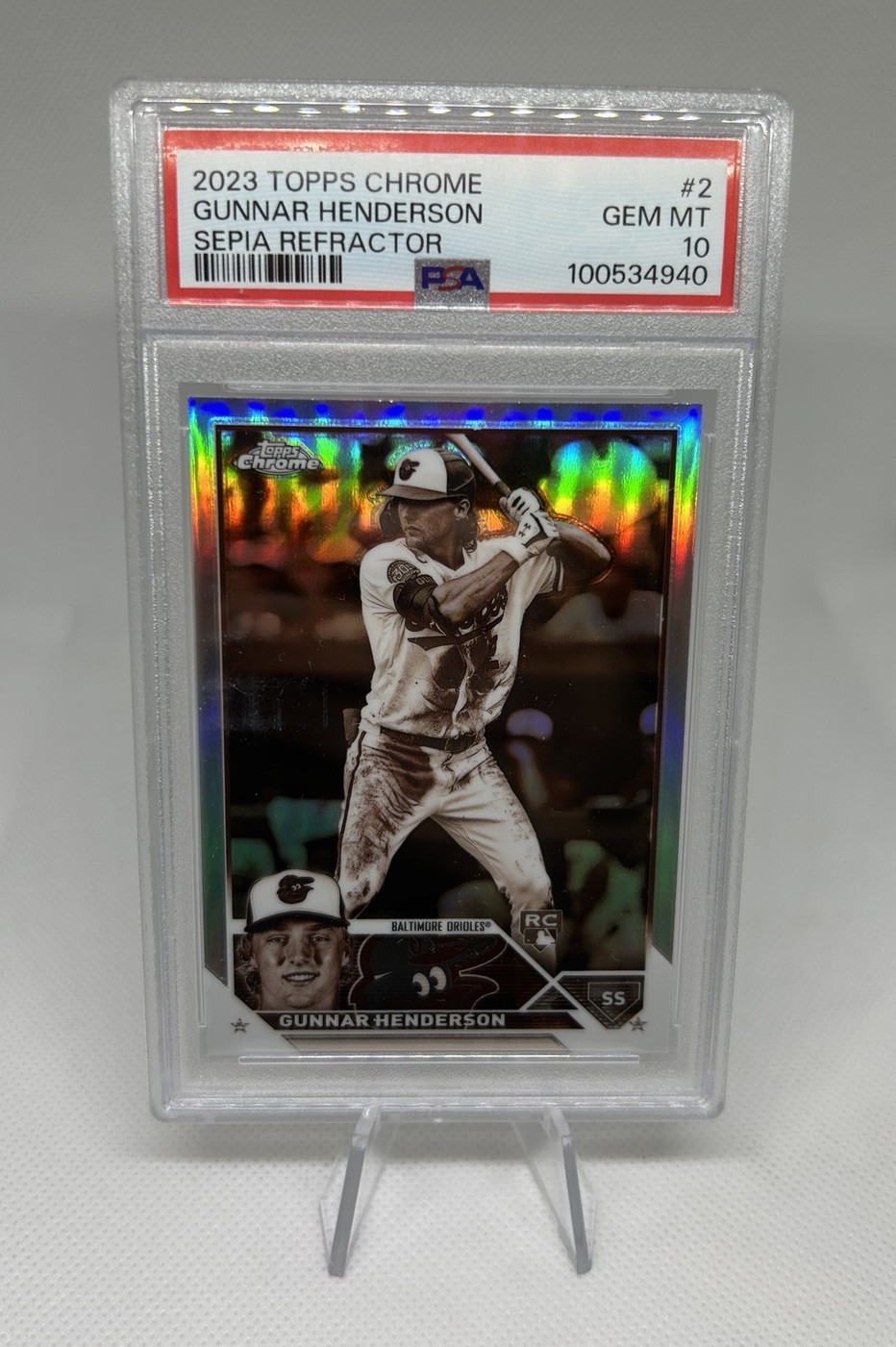 Gunnar Henderson RC 2023 Topps Chrome Sepia Refractor #2 PSA 10