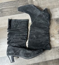 Black Ruched Leather Tall Knee High Heeled Boots Size 7.5 Pointed Toe