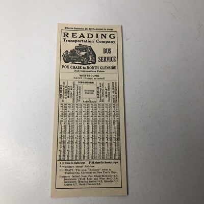 READING TRANSPORTATION COMPANY 1937 BUS TIME TABLES Fox Chase-North Glenside  #5