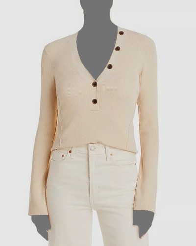 $298 Frame Women's Beige V-Neck Half-Button Rib Pullover Sweater Size XS - 第 1/3 張圖片