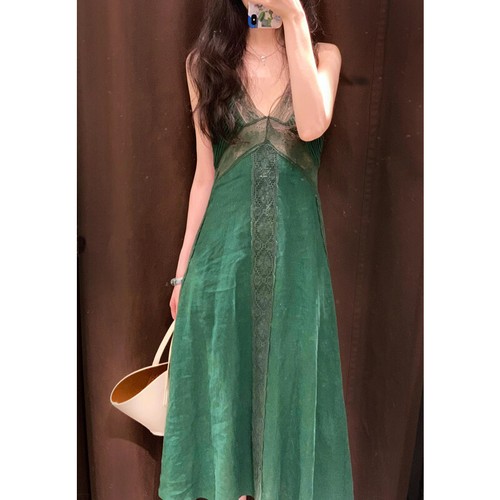 ZARA Summer in Dark Green French Lace Splicing V-Neck Linen Waist Dress Women - Picture 12 of 13