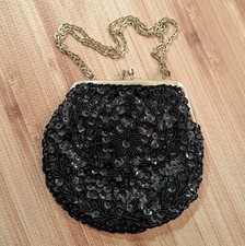 Vintage Black Beaded Purse Evening Bag Silver Chain Strap Elegant Sparkle 6 in.