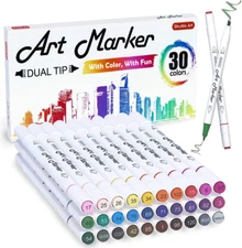Shuttle Art 30 Colors Dual Tip Art Markers Permanent Marker Pens Highlighters
