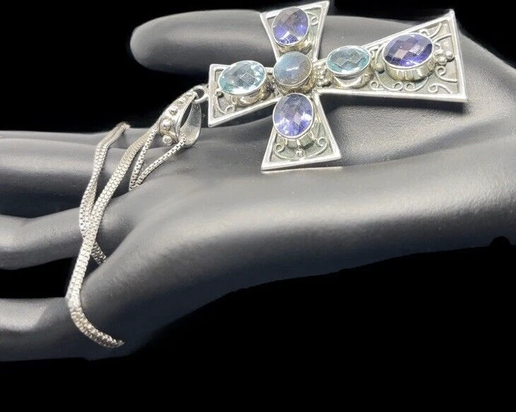 Nicky Butler Ster. "Colgante Cruz Plata Topacio Amatista Piedra Preciosa + Cadena S.S. 29""" Foto 4 de 4