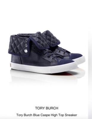 Tory Burch Caspe Navy Blue Leather Quilted High Top Shoes Convertible Foldover