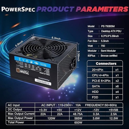 PowerSpec PS750BSM 750W 80PLUS Bronze 4x PCIE Semi-Modular Gaming ATX12V Retail - Afbeelding 23 van 23