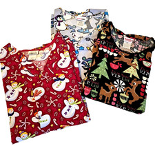 3 Christmas Scrub Tops Sz XL Snowman Penguins Rudolph Reindeer Read Descriptions