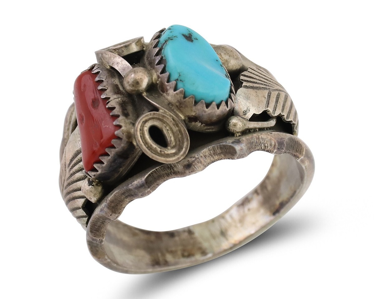 NAVAJO M リング Navajo Ring 925 Silver Coral Turquoise Artist Signed Max Calabaza