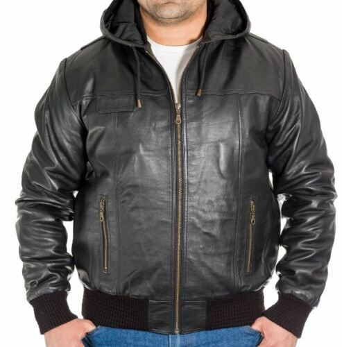 Mens Solid Black Coat Real Lambskin Leather Classic Vintage Bomber