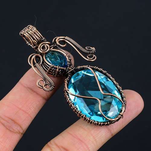 Blue Topaz Gemstone Handmade Solid Gift Jewelry Wire Wrap Copper Pendant