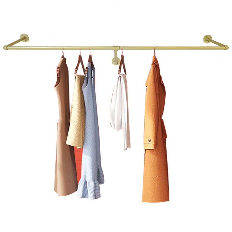 Industrial Gold Clothes Rack Pipe Clothes Hanging Pole Shelves Wall ...