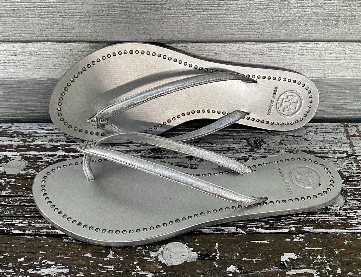 TORY BURCH Metallic Silver Leather Thong Liana Rhinestone Logo Sandals  RARE!!