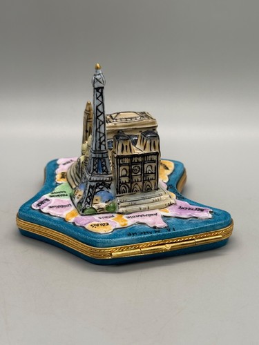 VTG Limoges France Deco Peint Main Porcelain Paris Trinket Box Map Notre Dame - Picture 9 of 18