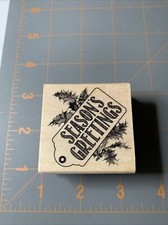 Craft Smart- Wood Rubber Stamp Seasons Greetings Christmas Pine Tag