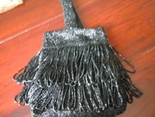 Vintage shiny black bead fringed flapper style purse