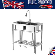 Stainless Steel Utility Sink 304 two Bowl Wash Station Kitchen w/ Faucet Tone