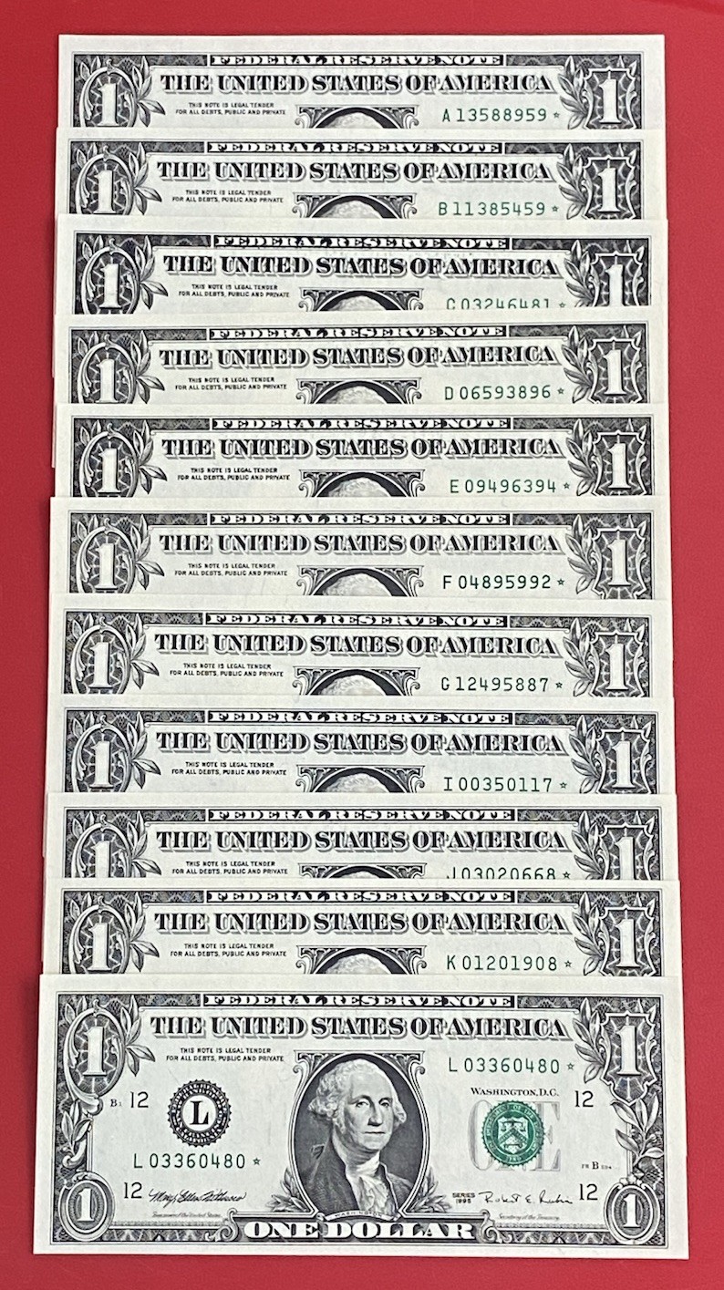 1995 STAR NOTE FULL SET $1 DOLLAR BILL (A,B,C,D,E,F,G,I,J,K,L) 11 DISTRICT UNC