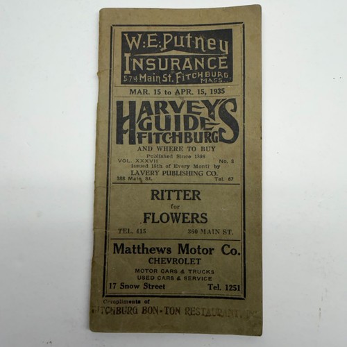1935 Harvey's Guide Advertising Booklet Flyer Fitchburg MA Massachusetts 5.5"