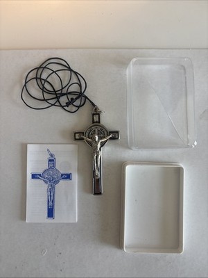 ST. Benedict Crucifix Catholic Pendant White Enamel Inlay Silver Tone Religious