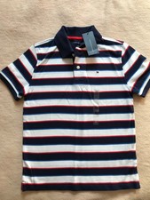 Image of BNWT TOMMY HILFIGER BOYS NAVY WHITE STRIPED POLO SIZE M (8/10)