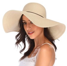 Womens Wide Brim Straw Hat Big Floppy Foldable Roll up Cap Beach Sun Hat UPF ...