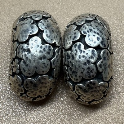 Vintage Dian Malouf Sterling Silver Flower Hammered Clip On Earrings