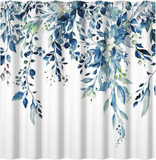 Blue Leaves Long Fabric Shower Curtain Watercolor Floral Leaf Wide Bath