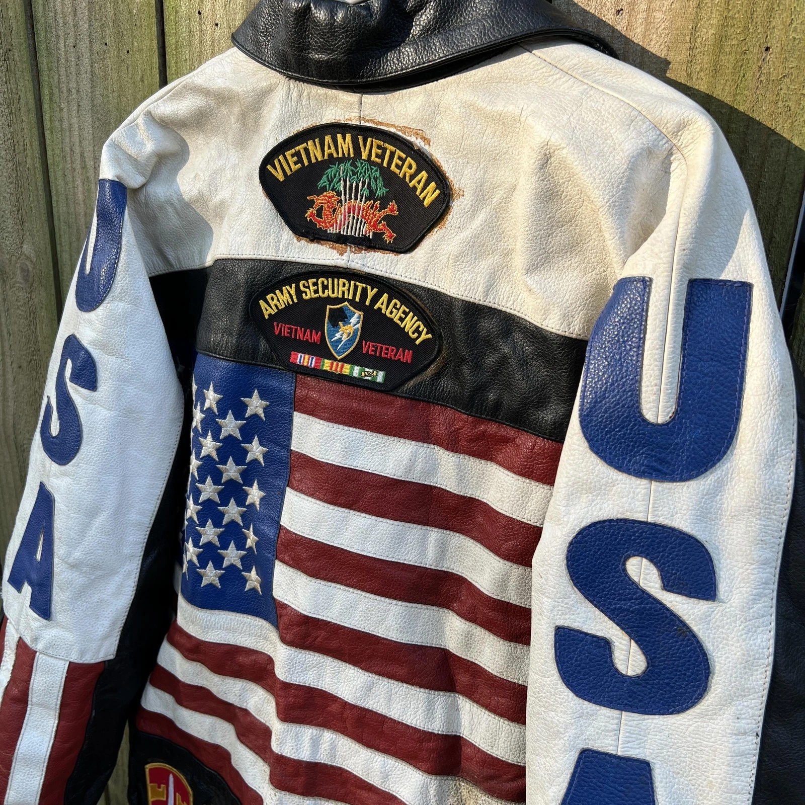 VTG Vietnam Veteran Leather Jacket Mens 4XL USA Flag MACV-SOG Patch American Top image 4