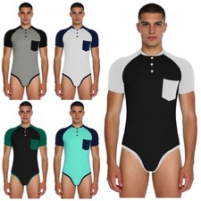 Mens Color Blocking Bodysuit Buttoned Neck Short Sleeve Crotch Bodycon Leotard
