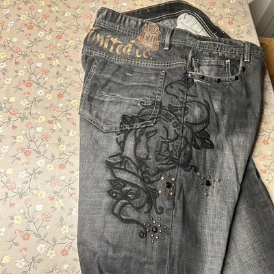 Ecko Unltd Jeans W38 grau Stickerei Strass Y2K Hip Hop Baggy Vintage Streetwear