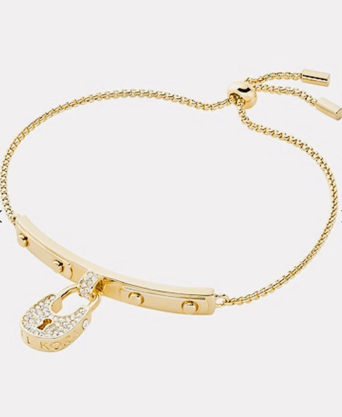 NEW MICHAEL KORS GOLD TONE,CRYSTALS PLAQUE PAD LOCK,SLIDE ROLO CHAIN ID BRACELET