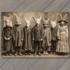 POSTCARD Rabbit Mask Kids Creepy Group Strange Costumes Odd Antique Vibe Sepia
