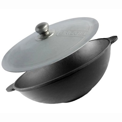 Ø28cm Wok Bratpfanne Gusseisen zwei Griffen Deckel Aluminium Wokpfanne Induktion