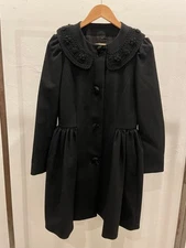 RED VALENTINO Black ruffled Lace collar long coat Dress Jacket A-line Fit Flare