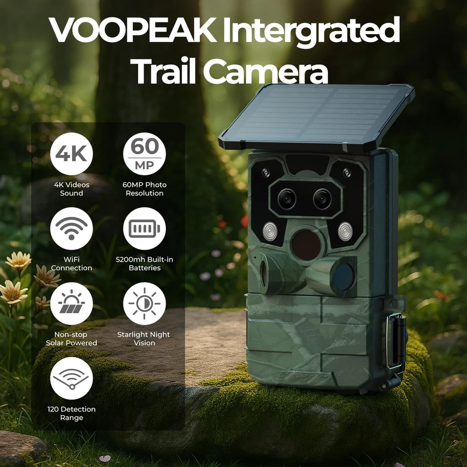 Wildkamera Solar 4K UHD 60MP Doppellinse WLAN Bluetooth Jagdkamera IR Nachtsicht - Bild 2 von 4