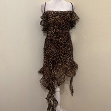 NWT Leopard Cheetah Print Sheer Ruffle Waterfall Off Shoulder Mini Dress Brown S