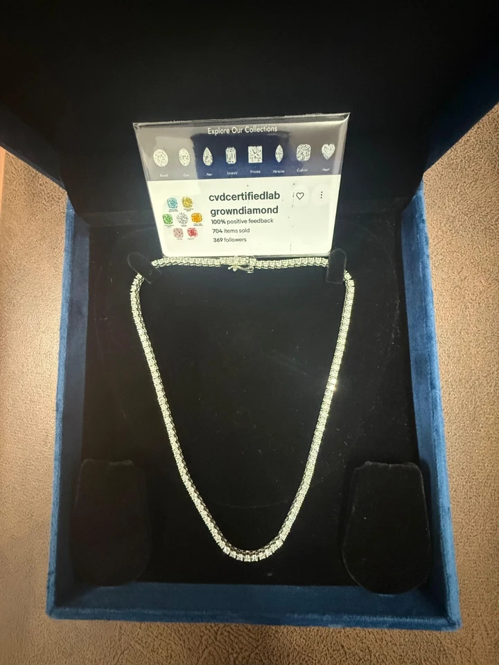 Round 14 TCW Lab Grown Diamond Tennis Necklace Genuine 16" Inch White Gold 14KT - Image 3 of 4