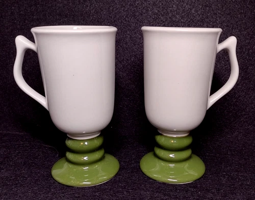 Vtg Hall Green & White 6" Footed Pedestal Irish Coffee Mugs #1273 USA