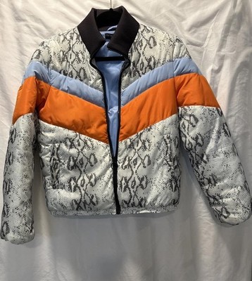 Central Park West Snakeskin Striped Puffer Coat Small