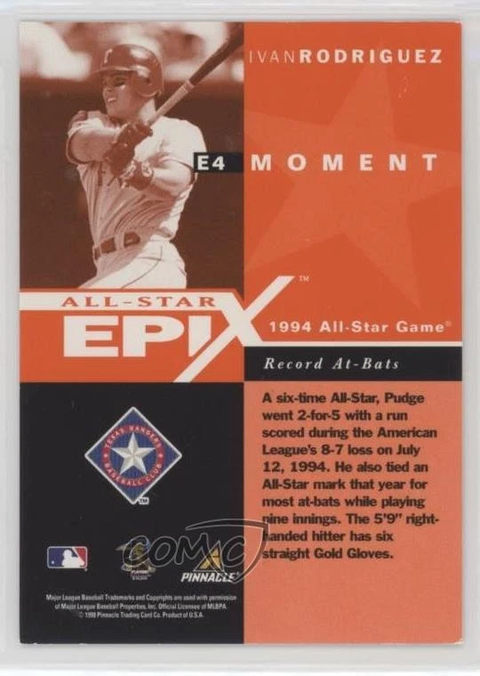 1998 Pinnacle Plus All-Star Epix Moment Orange Ivan Rodriguez #E4 HOF - Image 2 of 2