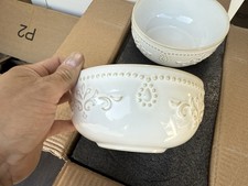 Set of 4 Artena White Ceramic Embossed Bowls Dishwasher Microwave Safe