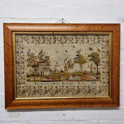 Antikes portugiesisches Handarbeitsmuster ''Anna Rozado'' Haus & Figuren aus dem 19. Jh. 1868