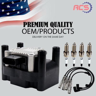 OEM Ignition Coil & 4X Iridium Spark Plug & Wires for VW Beetle Jetta Seat UF277
