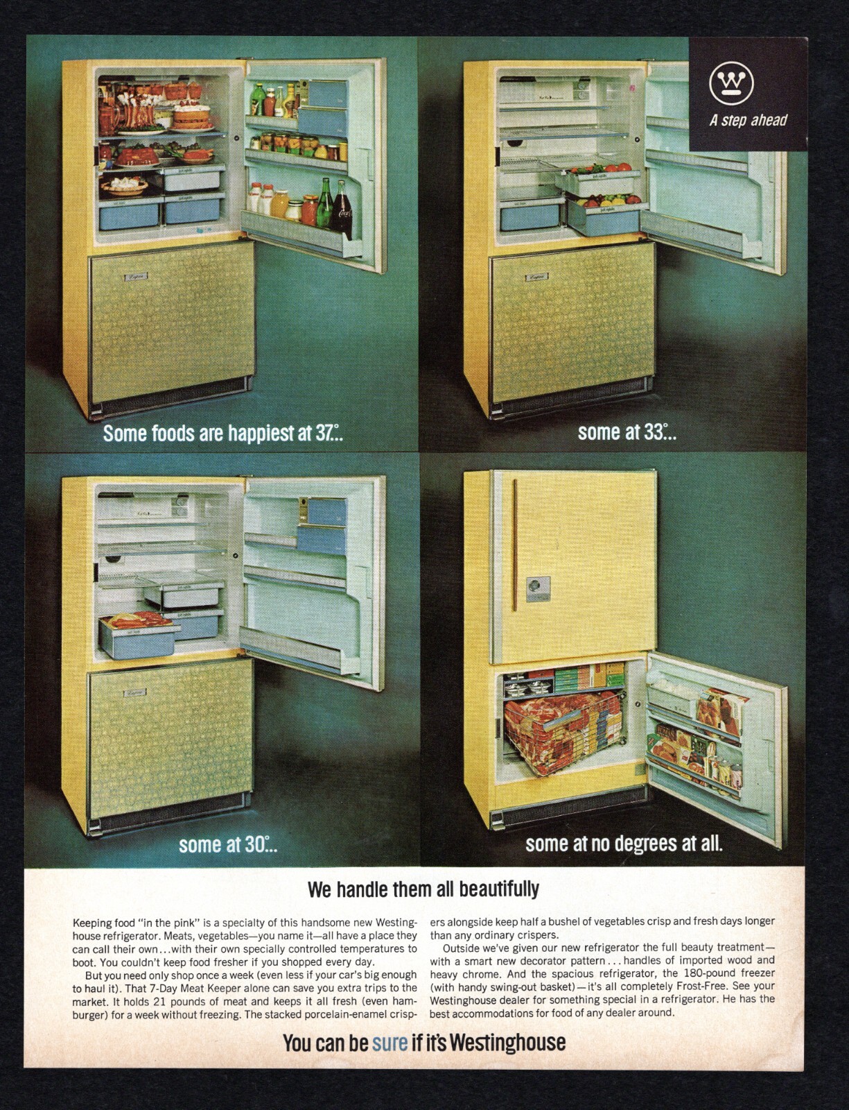 1964 Westinghouse Refrigerator Meat Keeper Swing Out Basket Frost Free Print Ad