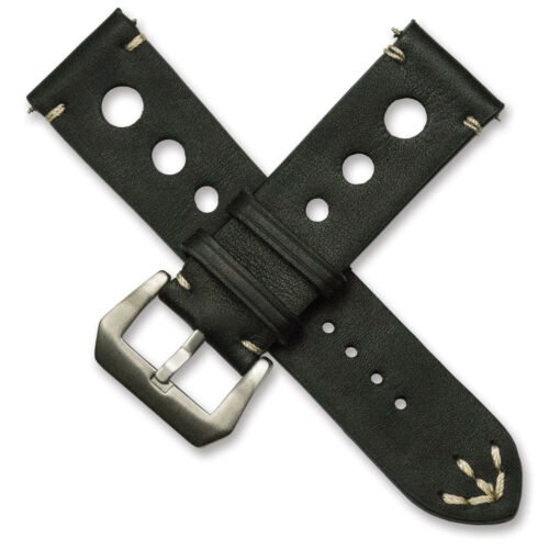 Black Mens Rally Racing Watch Strap Sports Genuine Calf Leather stitched band - Afbeelding 1 van 5