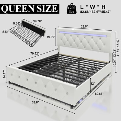 Queen LED Bed Frame with 4 Storage Drawers＆Adjustable Headboard＆Charging Station