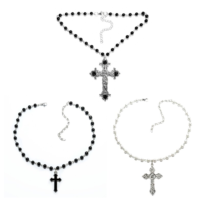 Gothic Cross Pendant Choker with Imitation Pearls