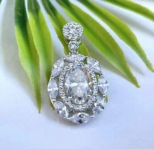 3Ct Lab Created Diamond Oval Halo Pendant 14K White Gold Plated Silver 16" Chain